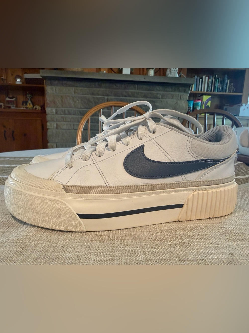 Nike Platform Sneaker in Cream with Navy Swoosh